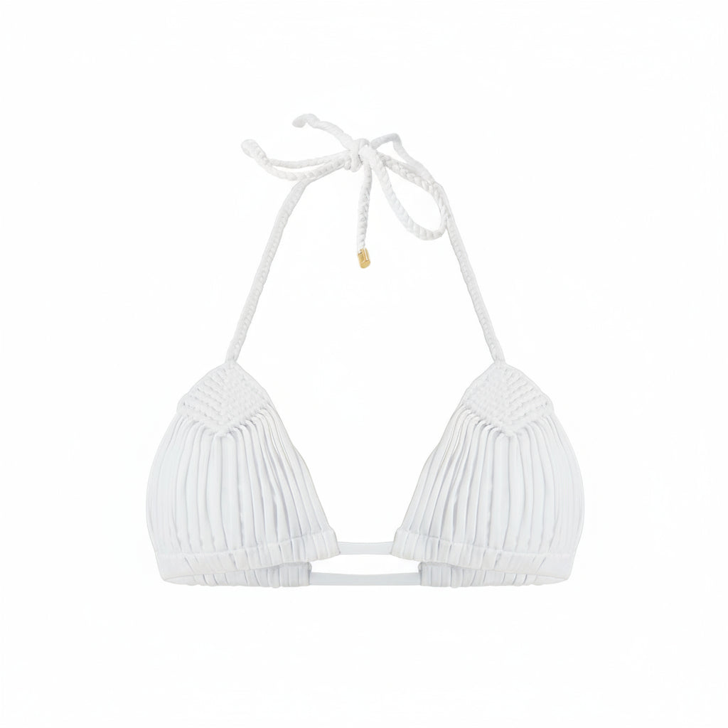 White triangle top bikini with handwoven macramé and gold-dipped hardware.