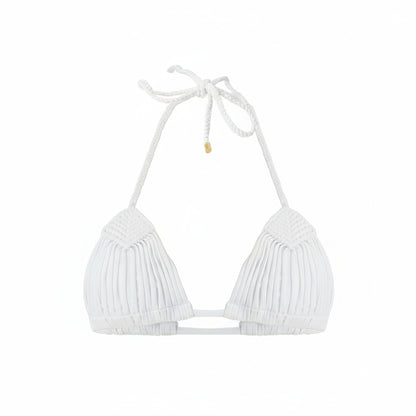 White triangle top bikini with handwoven macramé and gold-dipped hardware.