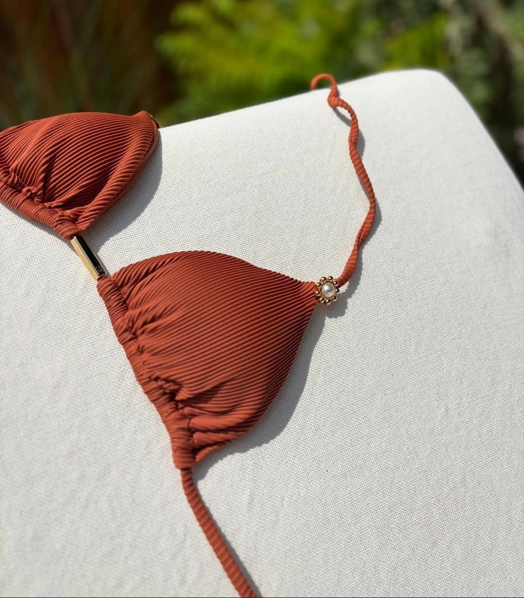 Juliana Ribbed Terracotta Triangle Bikini Top